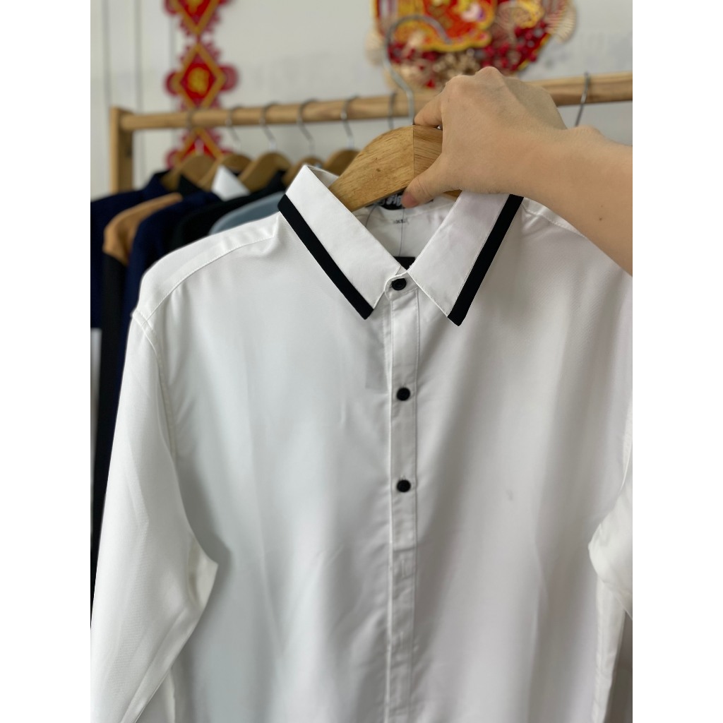 Đồ Đôi Áo Sơ Mi Nam Váy Nữ Fig Tree Màu Trắng Phối Viền Cổ Đen Siêu Sang Cho Couple