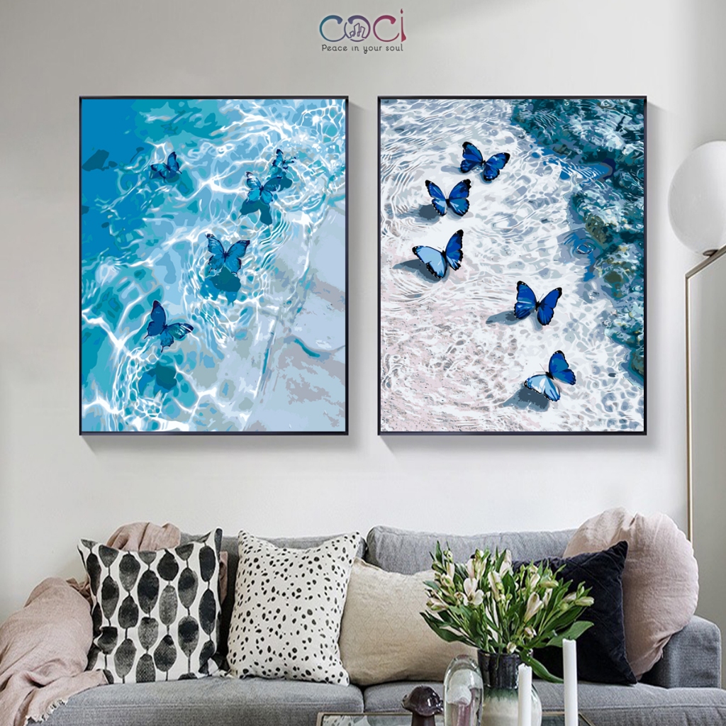 Tranh Số Hoá Tô Màu Theo Số Bướm Xanh COCI Handmade DIY có khung đã căng kèm màu SVC4080 SVC4081