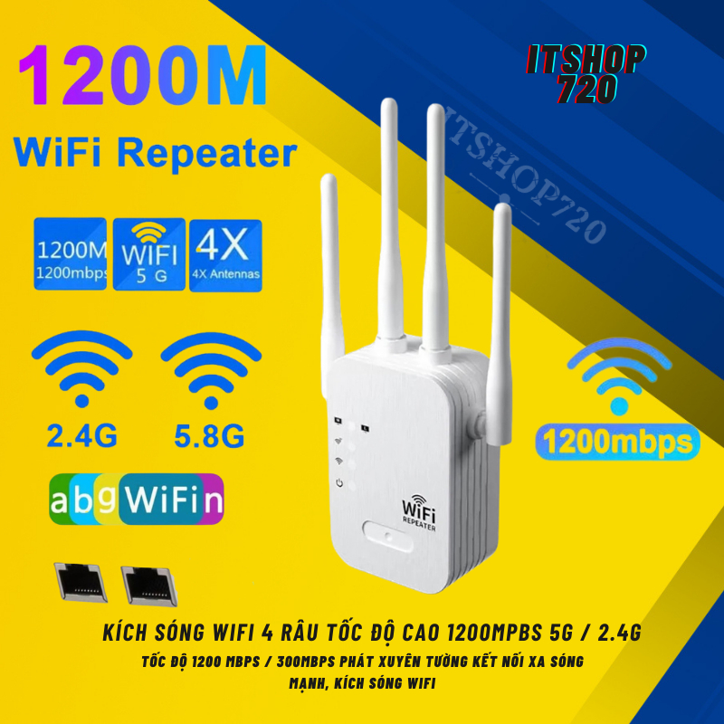 Kích sóng Wifi 4 râu tốc độ cao 1200mpbs 5G / 2.4G 300Mbs. Mở rộng vùng ...