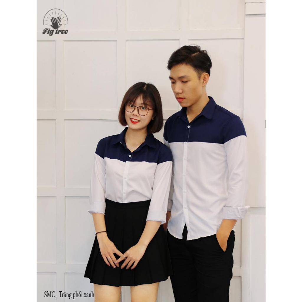 Set Đồ Đôi Áo Sơ Mi Fig Tree Phối Màu Trắng Xanh Đen Nhẹ Nhàng ( full size)
