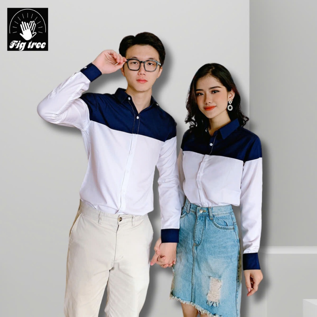 Set Đồ Đôi Áo Sơ Mi Fig Tree Phối Màu Trắng Xanh Đen Nhẹ Nhàng ( full size)