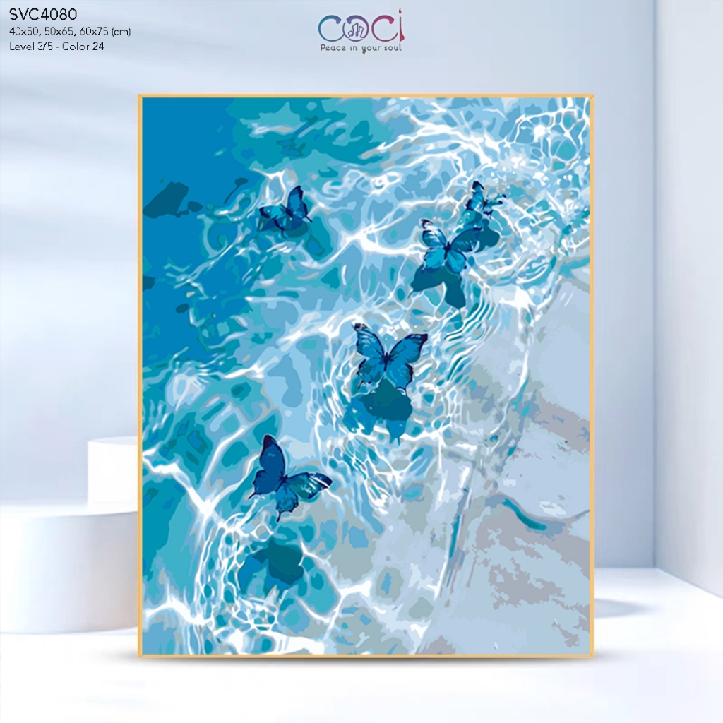 Tranh Tô Màu Theo Số Bướm Xanh Trên Bãi Cát COCI Handmade DIY có khung đã căng kèm màu SVC4080