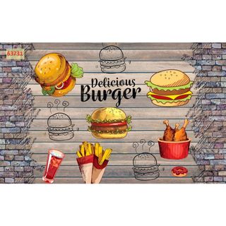 Tranh vải lụa kim tuyến dán tường trang trí Quán burger, đồ ăn nhanh, fast food chuyên nghiệp