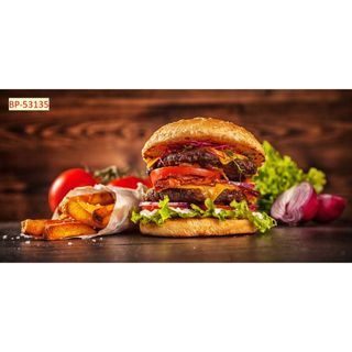 Tranh vải lụa kim tuyến dán tường trang trí Quán burger, đồ ăn nhanh, fast food chuyên nghiệp