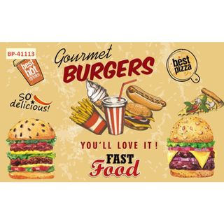 Tranh vải lụa kim tuyến dán tường trang trí Quán burger, đồ ăn nhanh, fast food chuyên nghiệp