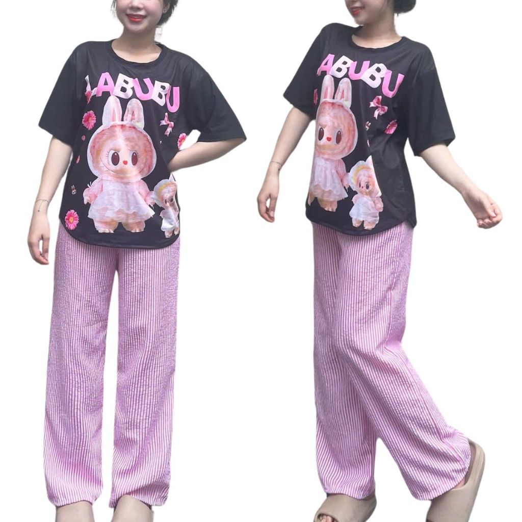 Đồ Bộ Nữ Đẹp Bigsize Áo Tay Ngắn LABUBU ESHOP Set Bộ Xinh Đồ Mặc Nhà Nữ Quần Ống Rộng Suông Dễ Thương Cá Tính QD01
