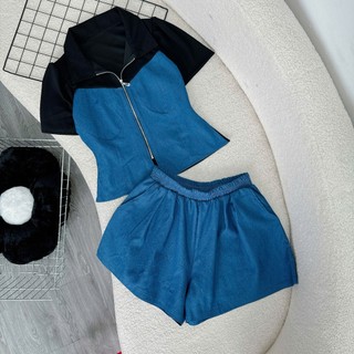 Set bộ bigsize nữ áo tay ngắn cổ bẻ kèm quần đùi lưng thun chất jeans giấy pha thun ruby mặc thoải mái mát SET839