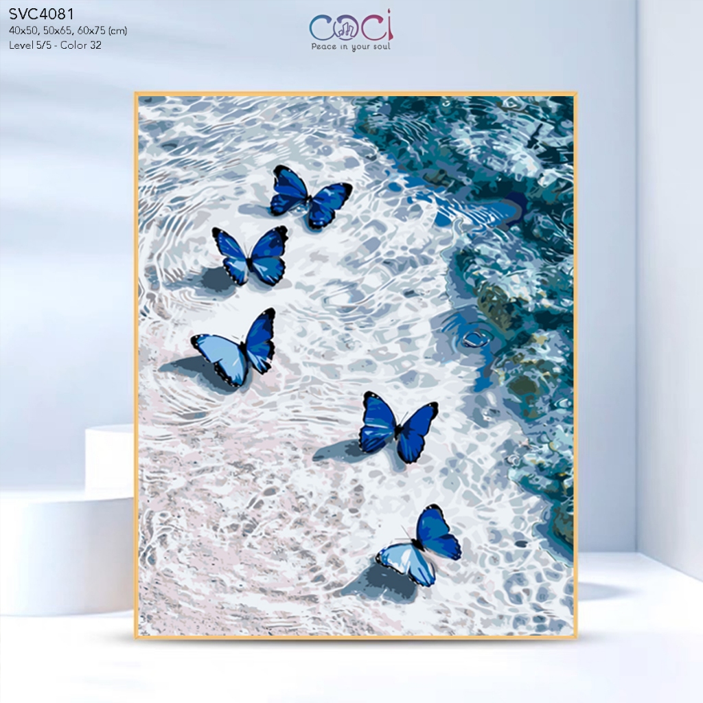 Tranh Tô Màu Theo Số Bướm Xanh Và Biển COCI Tranh số hoá Handmade DIY có khung kèm màu SVC4081