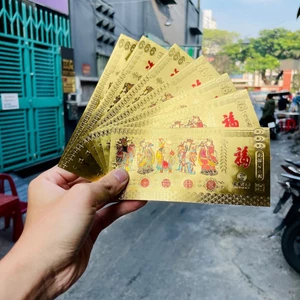 Sỉ Giá Tốt 10 Tờ Tiền Phong Thủy Ngũ Phúc Lâm Môn Plastic Mạ Vàng - PHÚC LỘC THỌ TÀI HỶ