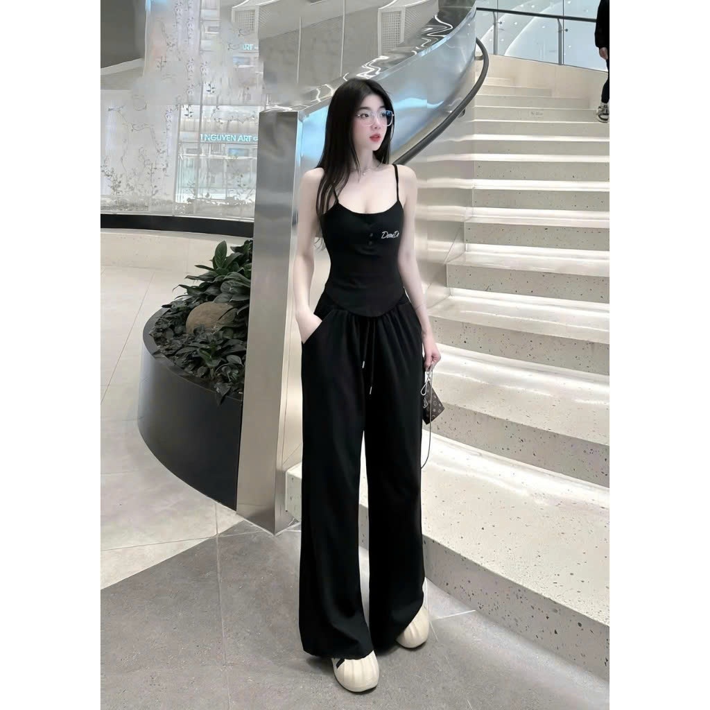 Set bộ thun trơn tăm lạnh áo dây 2 gài nút in chữ vạt bầu mix quần dài ống suông rộng đi chơi hack dáng dx