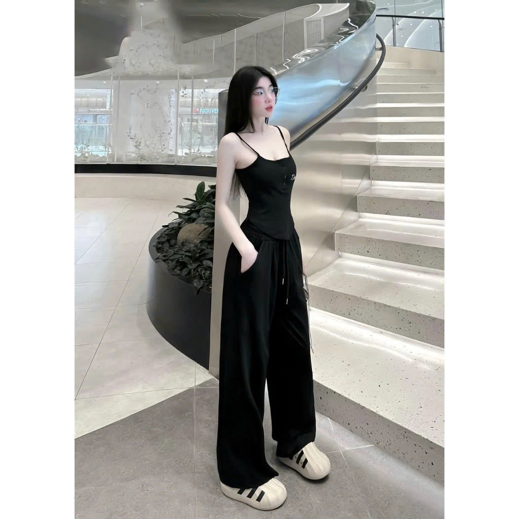 Set bộ thun trơn tăm lạnh áo dây 2 gài nút in chữ vạt bầu mix quần dài ống suông rộng đi chơi hack dáng dx