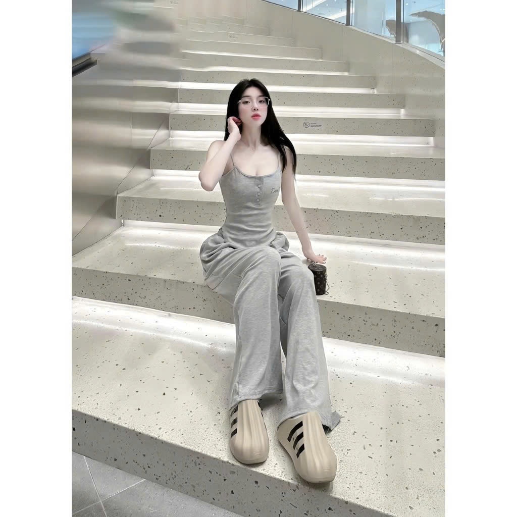 Set bộ thun trơn tăm lạnh áo dây 2 gài nút in chữ vạt bầu mix quần dài ống suông rộng đi chơi hack dáng dx