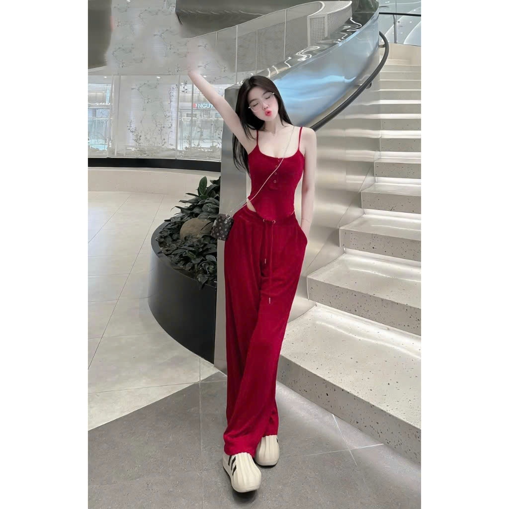 Set bộ thun trơn tăm lạnh áo dây 2 gài nút in chữ vạt bầu mix quần dài ống suông rộng đi chơi hack dáng dx