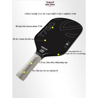 Vợt Pickleball Mặt Nhám T700 Cacbon Siêu Bền, Đồ Dày Vợt 16mm + Tặng Kèm Túi Chống Sốc Và 4 Bóng