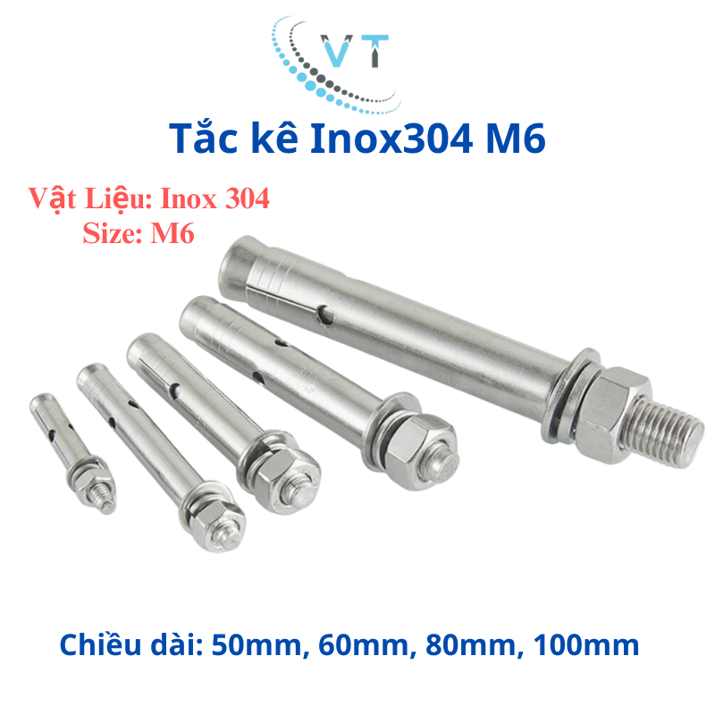 Tắc kê inox, bu lông nở inox 304 M6 (6li) set 10 con