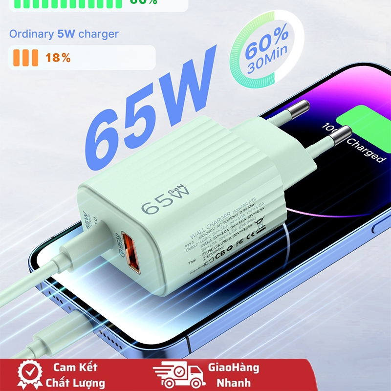 【4 Màu Sắc】Củ Sạc Nhanh 65w 2 Cổng USB type c pd Cho 14 13 12 11 pro max xs 8 p qc3.0 samsung xiaomi