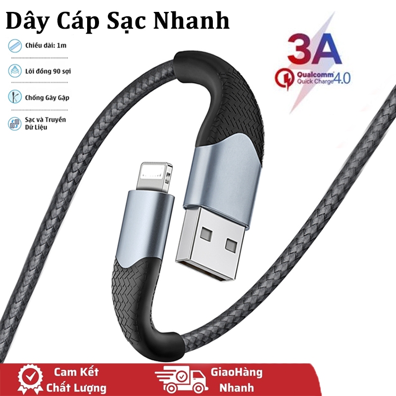 Cáp sạc nhanh 3A dây bọc dù siêu bền cho 7 8P 11 12 13 14 promax (dài 1m 2m)