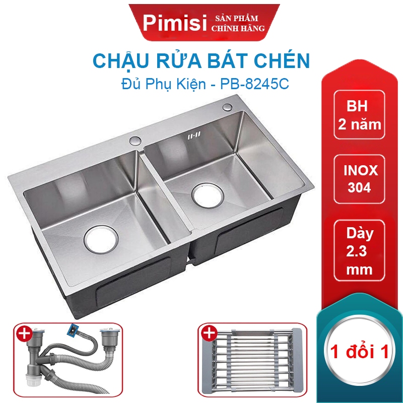 Chậu Rửa Bát Chén Inox 304 Pimisi Đúc 2 Ngăn Cân 78x43 - 82x45, Đủ Phụ ...