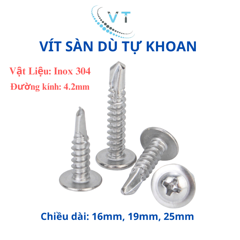 [Set 10 Con] Vít Tự Khoan Đầu Dù Inox 304 - Vít Đuôi Cá Inox Chống Gỉ Size 16mm, 19mm, 25mm