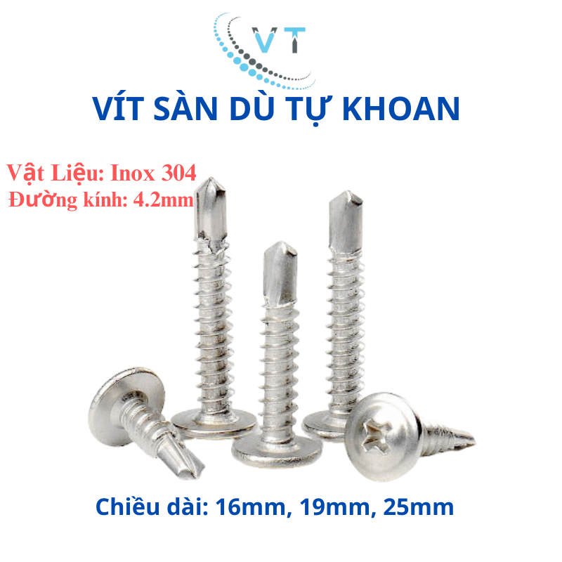 [Set 10 Con] Vít Tự Khoan Đầu Dù Inox 304 - Vít Đuôi Cá Inox Chống Gỉ Size 16mm, 19mm, 25mm