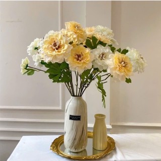 Hoa Giả- Hoa Cúc Thược Dược 65cm Cành 3 Bông Cao Cấp, Decor Nhà Cửa, Studio...