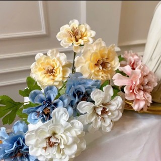 Hoa Giả- Hoa Cúc Thược Dược 65cm Cành 3 Bông Cao Cấp, Decor Nhà Cửa, Studio...