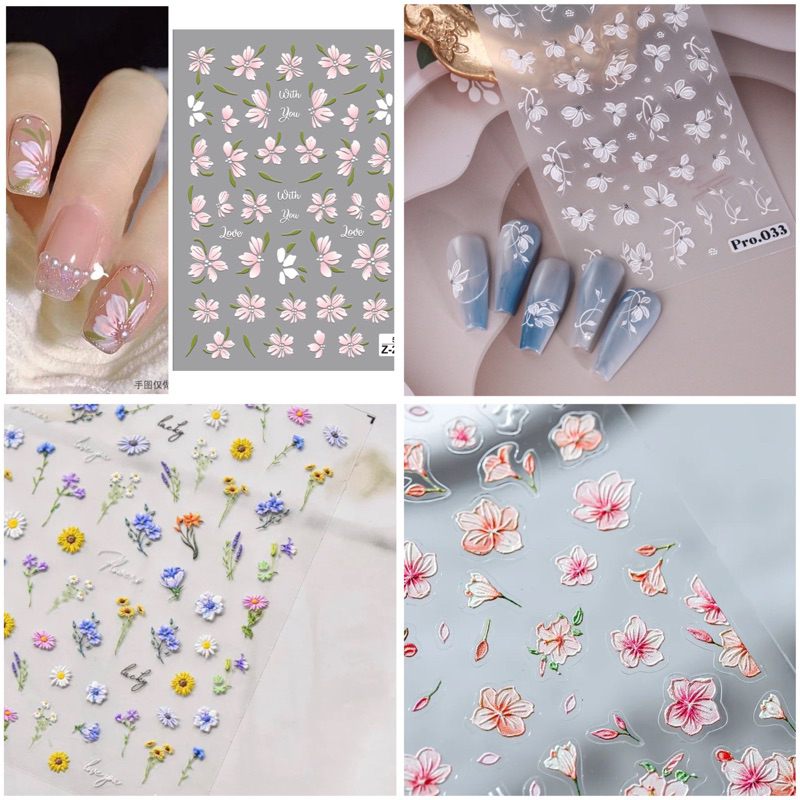 Sticker hoa nổi 5D hoa cỏ màu xuân nhiều mẫu trang trí móng tay ...