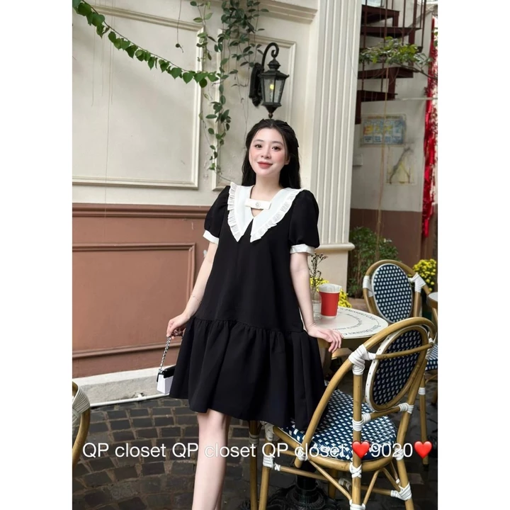 Váy bầu công sở thiết kế , đầm bầu dự tiệc thời trang cổ bèo đính ngọc sang chảnh dáng suông dài thoải mái đầm bầu Elly