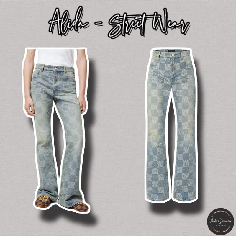 ⚡️[Hight Quality] Quần Jeans Lu1s Vu11on Damier Bootcut Denim Pants - Điểm Nhấn Kẻ Caro Was Rách Cao Cấp Street Wear Nnu