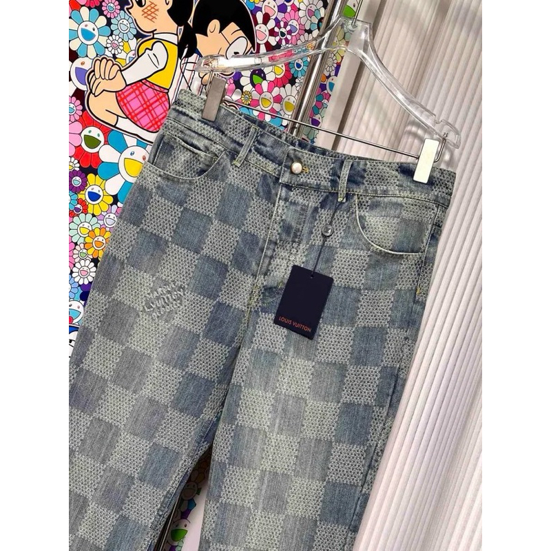 ⚡️[Hight Quality] Quần Jeans Lu1s Vu11on Damier Bootcut Denim Pants - Điểm Nhấn Kẻ Caro Was Rách Cao Cấp Street Wear Nnu