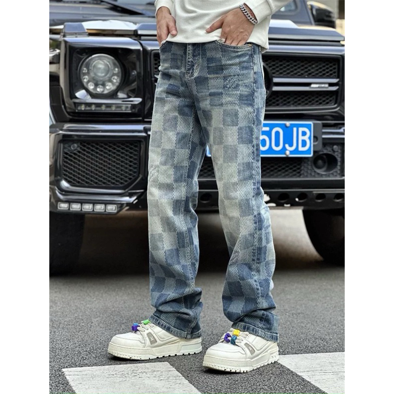 ⚡️[Hight Quality] Quần Jeans Lu1s Vu11on Damier Bootcut Denim Pants - Điểm Nhấn Kẻ Caro Was Rách Cao Cấp Street Wear Nnu