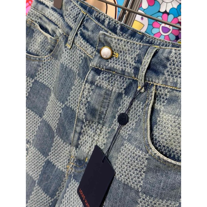 ⚡️[Hight Quality] Quần Jeans Lu1s Vu11on Damier Bootcut Denim Pants - Điểm Nhấn Kẻ Caro Was Rách Cao Cấp Street Wear Nnu