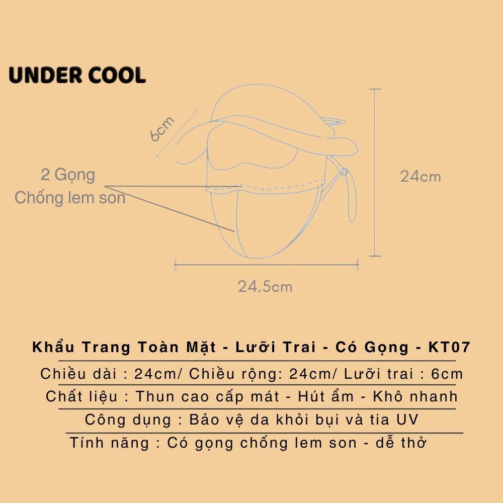 Khẩu Trang Toàn Mặt Che Trán Chống Tia UV UNDERCOOL, Hai Lớp Có Nón Lưỡi Trai Chống Nắng Có Gọng Chống Nắng KT07