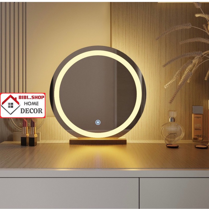 Gương Để Bàn Trang Điểm Đèn LED Cảm Ứng Cao Cấp Tặng Kèm Đế Gỗ Sang Trọng