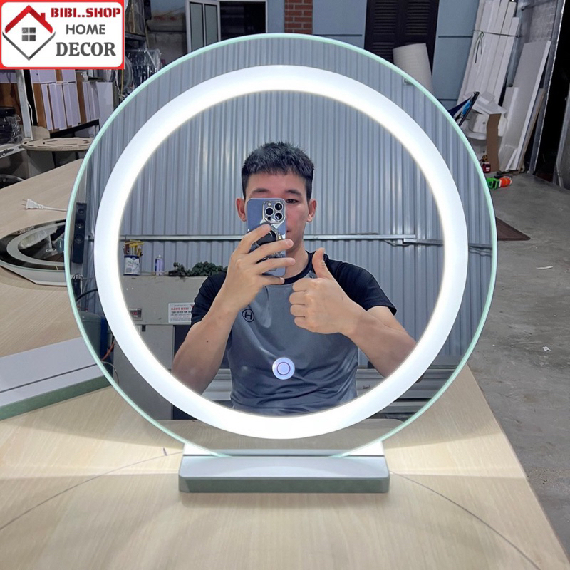 Gương Để Bàn Trang Điểm Đèn LED Cảm Ứng Cao Cấp Tặng Kèm Đế Gỗ Sang Trọng