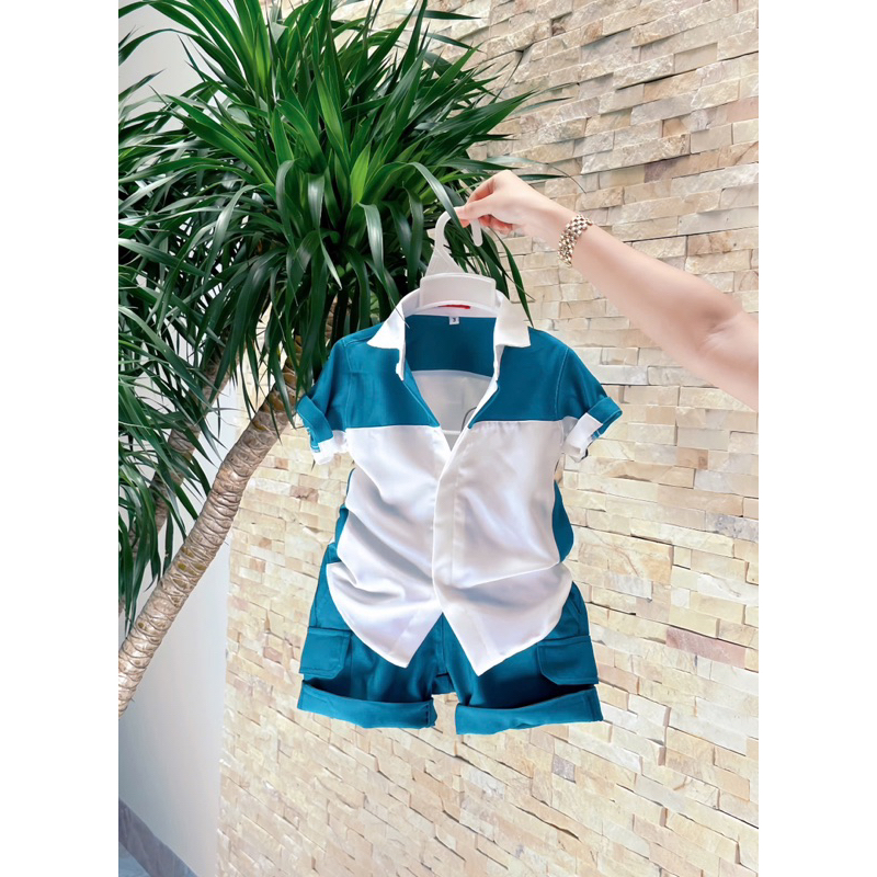 set sơmi trắng phối xanh lý túi hộp TONI BRAND