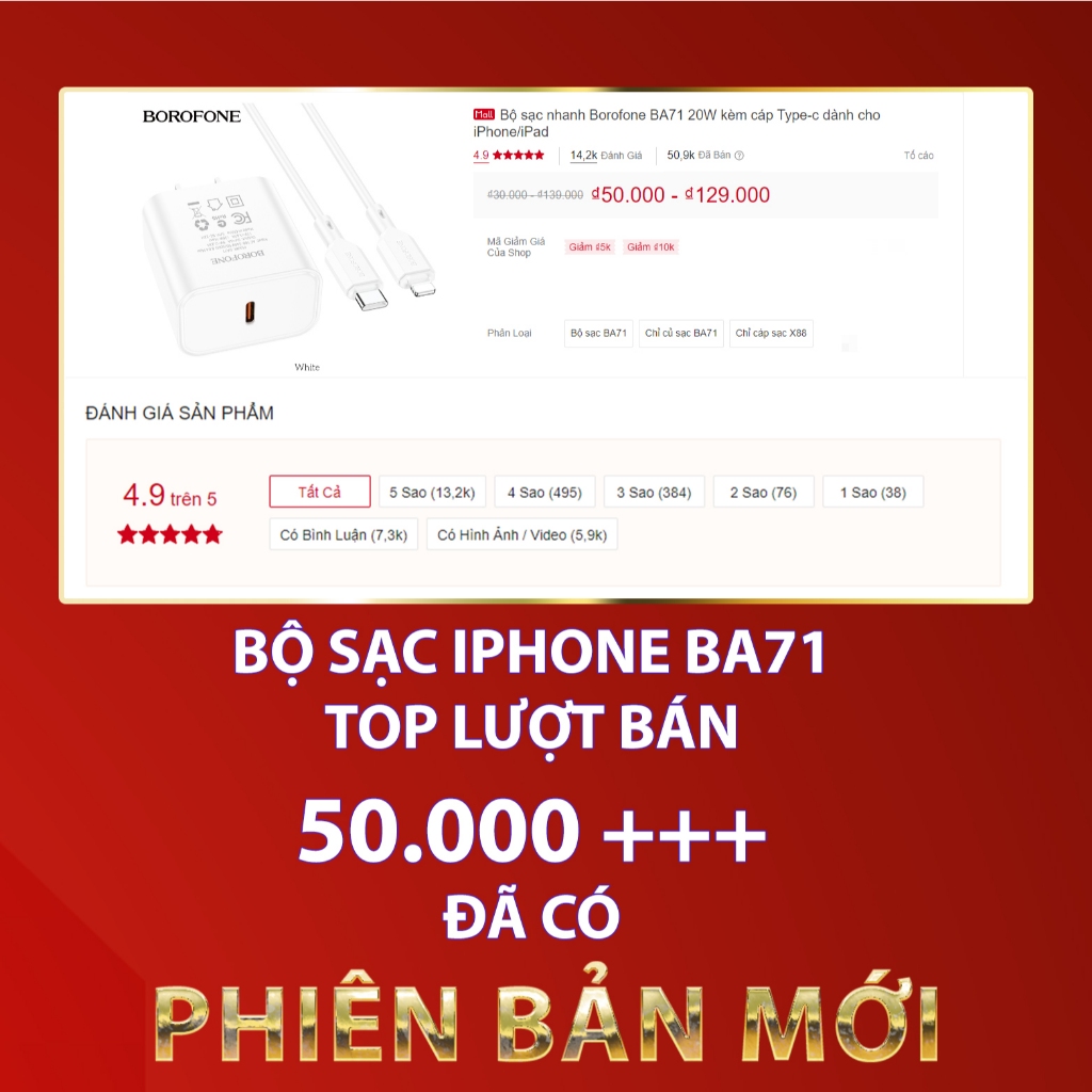 Ảnh Bộ sạc nhanh Borofone GBA81 PD 20W kèm cáp Type-C dùng cho 8/X/11/12/13/14  sạc nhanh 3A, dây dài 1m, chân dẹt 1