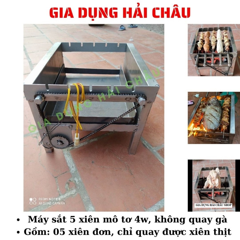 Bếp nướng than quay tự động 5 xiên | Máy nướng thịt xiên quay mô tơ điện | Không cần lật