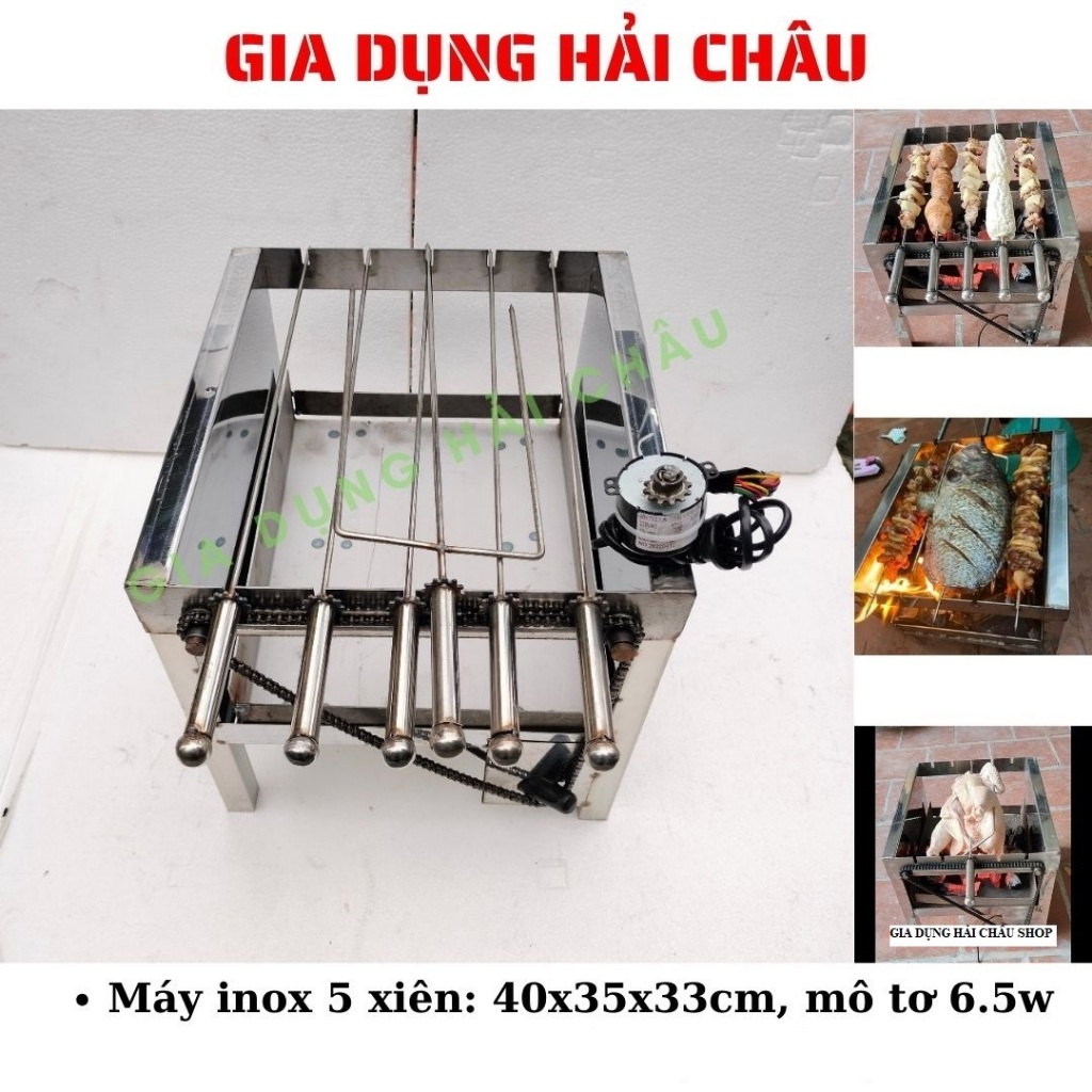 Bếp nướng than quay tự động 5 xiên | Máy nướng thịt xiên quay mô tơ điện | Không cần lật