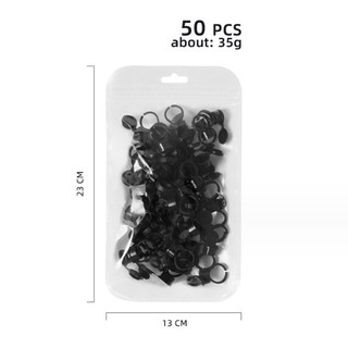 -1 túi có 50 chum nhẫn có nắp đậy bằng nhựa cứng hạn chế bị đổ mực xăm, rất tiện lợi