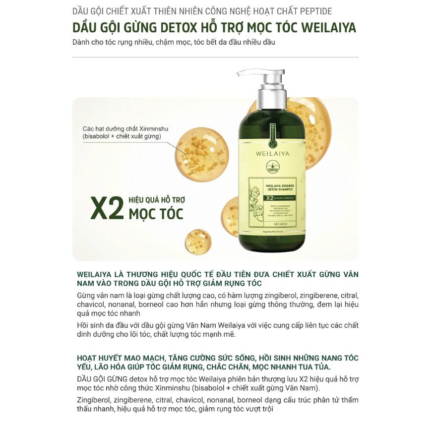 Bộ dầu gội gừng Weilaiya Luxury detox hỗ trợ mọc tóc và chống lão hóa da đầu 420ml x 200ml