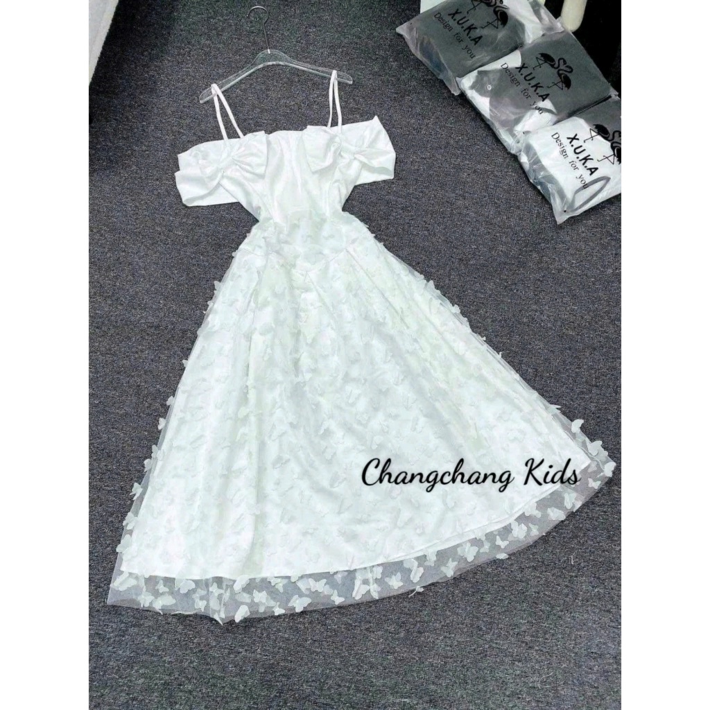SALE SALE Đầm trễ vai nơ họa tiết đính bướm cho mẹ và bé , đầm 2 dây điệu đà , sành điệu cho mẹ và bé , đồ cặp mẹ và bé