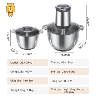 Máy xay thịt Bear QSJ-C04Q1 công suất 400W mạnh mẽ, 2 cối INOX riêng biệt, 2 bộ dao, xay rau củ quả, xay thịt cá
