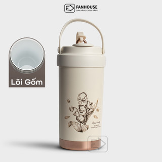 Ly giữ nhiệt Lily inox 316 lõi phủ Sứ cao cấp, cốc giữ nhiệt 500ml Fan House có ống hút thủy tinh