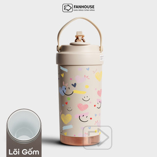 Ly giữ nhiệt Lily inox 316 lõi phủ Sứ cao cấp, cốc giữ nhiệt 500ml Fan House có ống hút thủy tinh