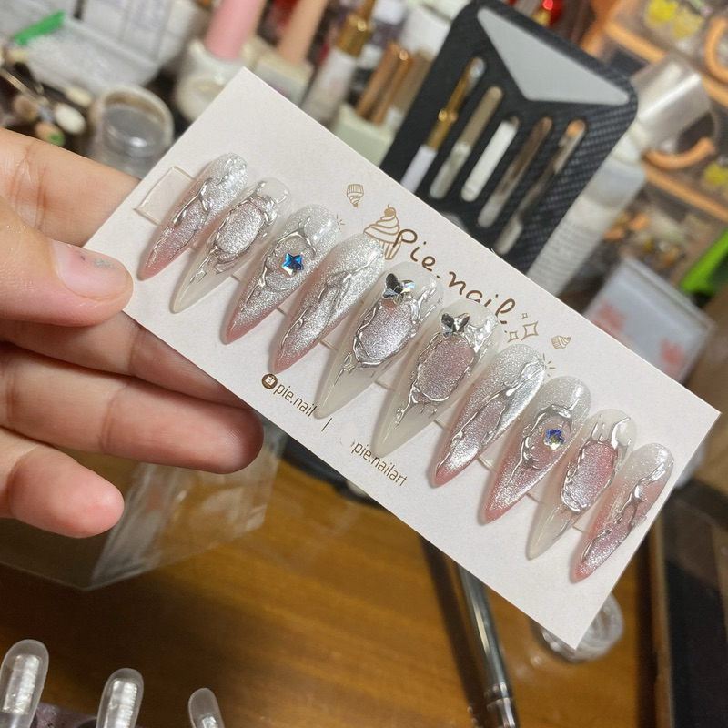 285. nailbox gạo+ thạch hồng mât mèo kim cương, gel nổi tráng gương bạc