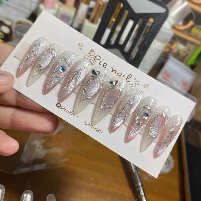 285. nailbox gạo+ thạch hồng mât mèo kim cương, gel nổi tráng gương bạc