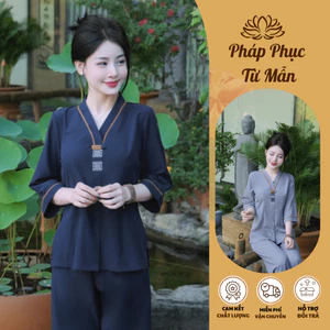 Pháp phục đi chùa cổ V đính cúc bọc lụa hàn Bộ đi lễ chùa tay tay lỡ Đồ lam nữ lụa mềm đi lễ