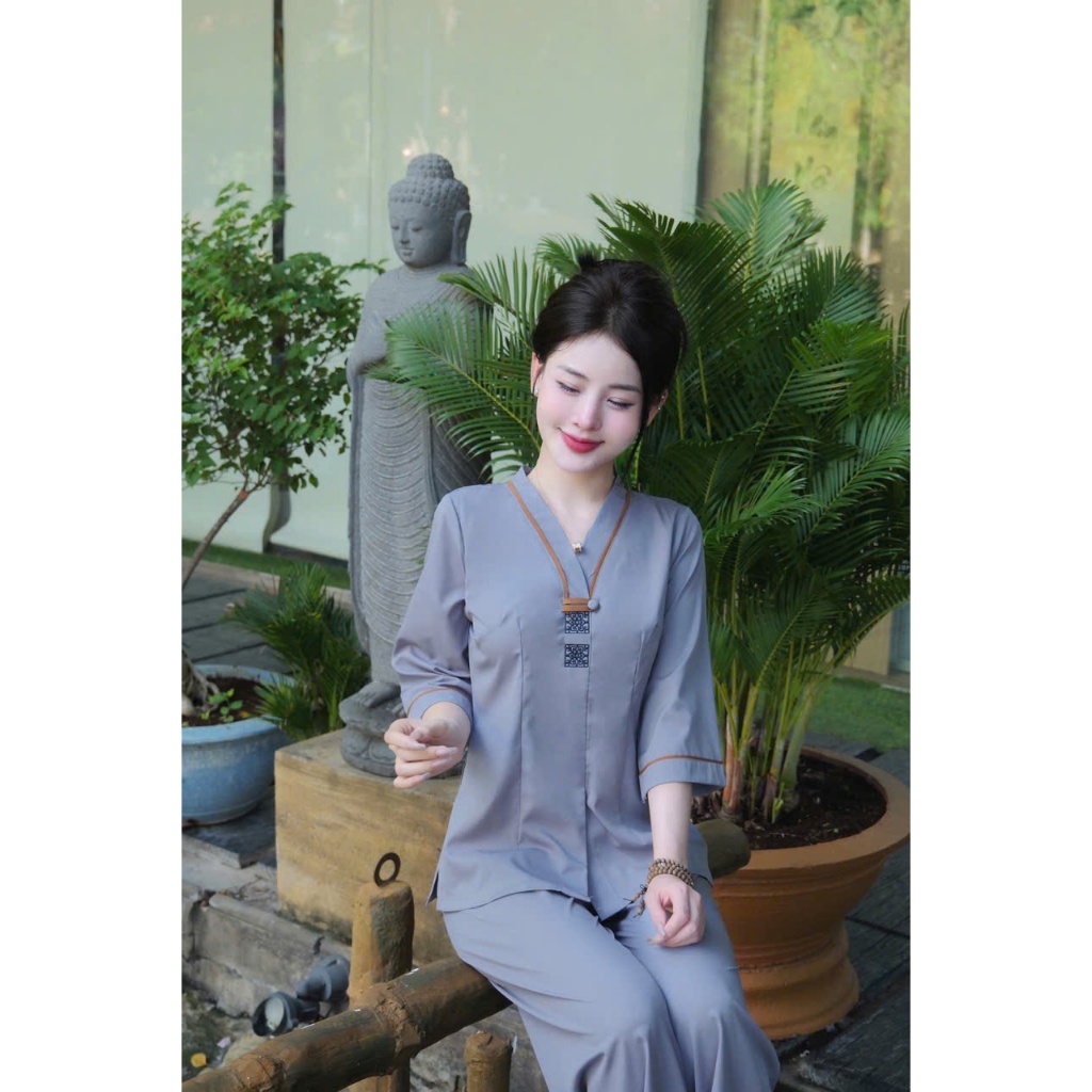 Pháp phục đi chùa cổ V đính cúc bọc lụa hàn Bộ đi lễ chùa tay tay lỡ Đồ lam nữ lụa mềm đi lễ