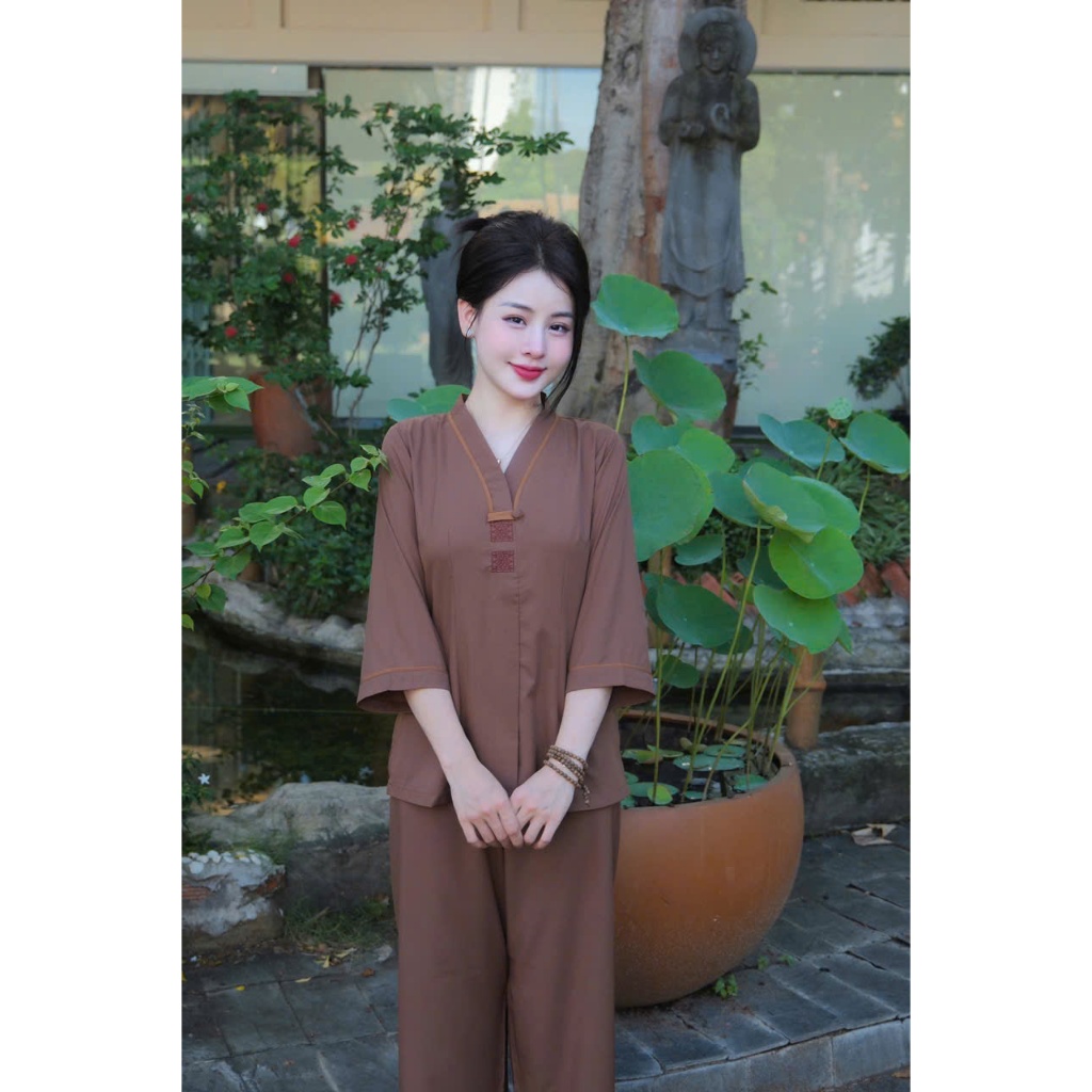 Pháp phục đi chùa cổ V đính cúc bọc lụa hàn Bộ đi lễ chùa tay tay lỡ Đồ lam nữ lụa mềm đi lễ